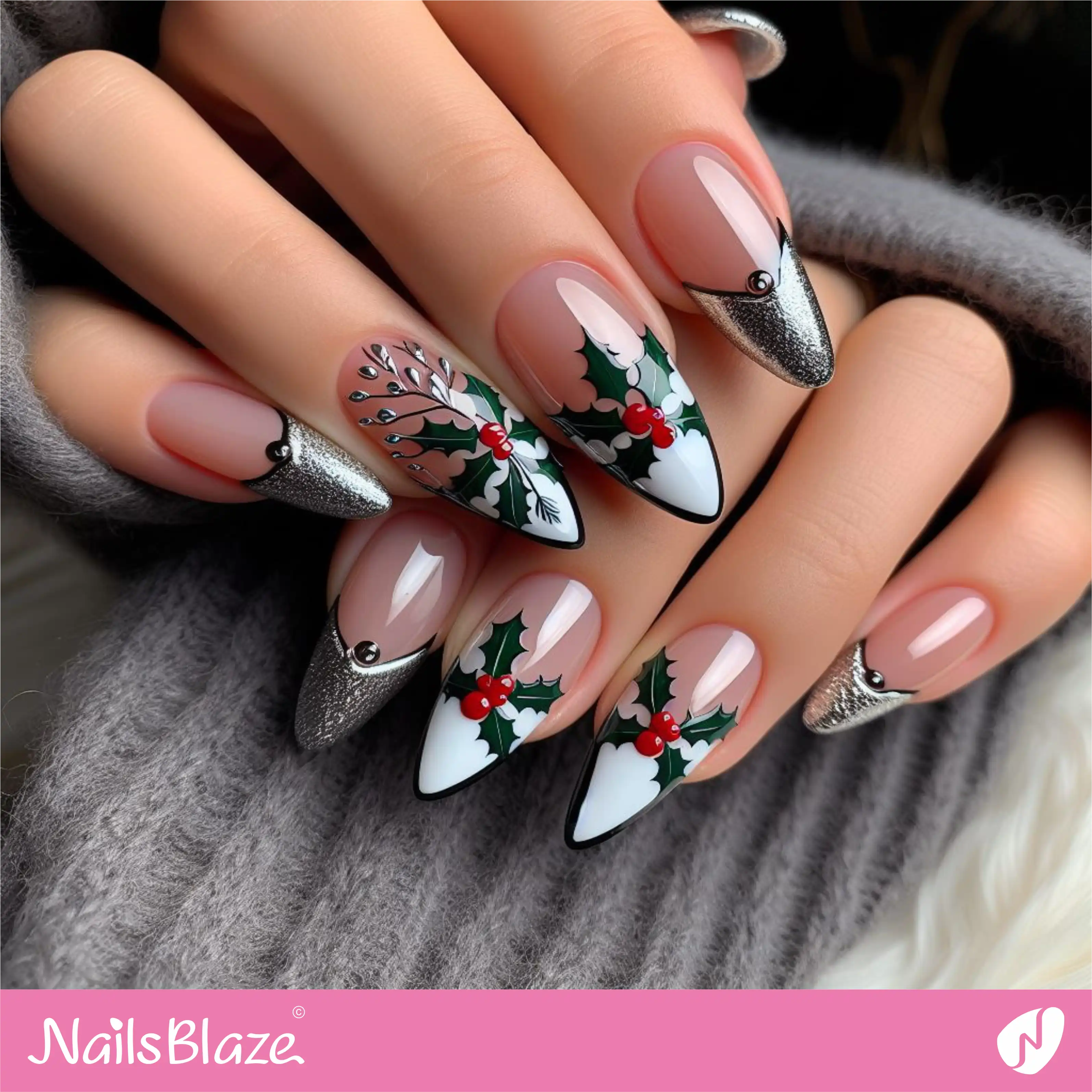 Outlined French Nails with Holly Leaf Design | Nature-inspired Nails - NB1654